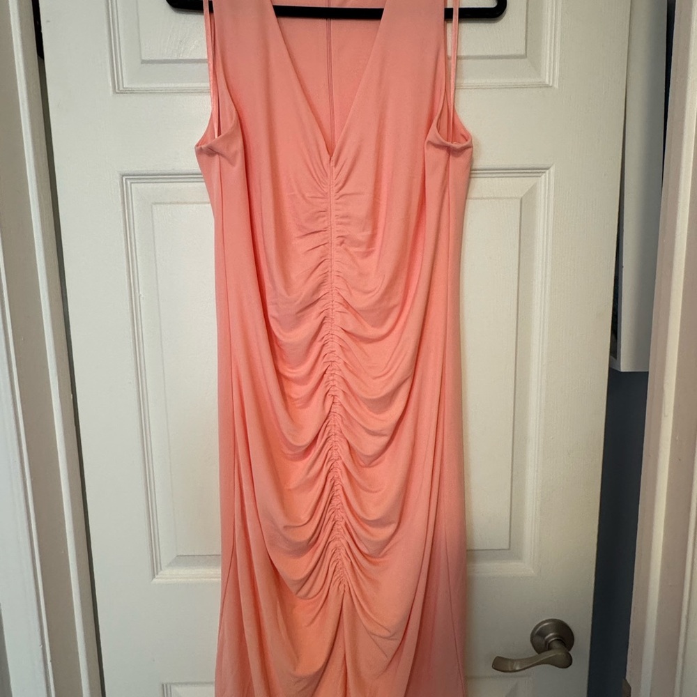 INC International Concepts Ruched V-Neck Midi Dress Orange Pink